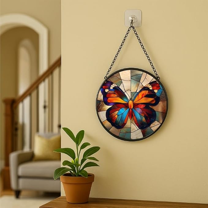 Stained Glass Window Hanging - Radiant Sun and Garden Scene Sun Catchers Indoor Stained Glass Panels Wall Decor for Mom Wife Lovers Festive 9.8in