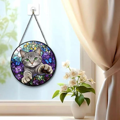 Stained Glass Window Hanging Cat Suncatcher with Butterfly Design, Round Window Hanging Decor, Colorful Sun Catcher for Home, Garden & Gifts for Cat Lovers