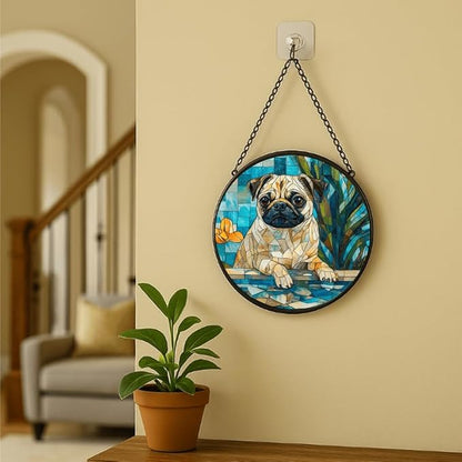 Stained Glass Window Hanging - Pug by The Pool with Yellow Flowers 6.3in Sun Catchers Indoor Stained Glass Panels Wall Decor for Mom, Wife, Lovers, Festive