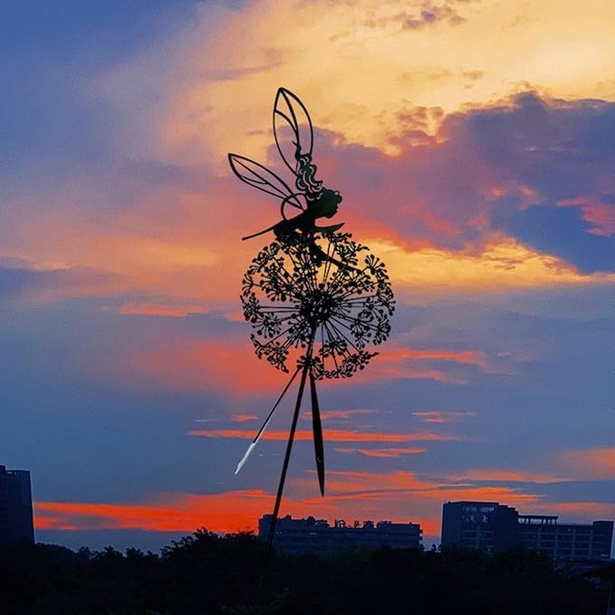 Flower Fairy Dancing with Dandelion, Fairy Garden Sculptures, Angel Metal Ornaments Gardens Art Sculpture, Stainless Steel Statue Garden Ornaments Art Decorations for Outdoor Yard Lawn Patio (E)