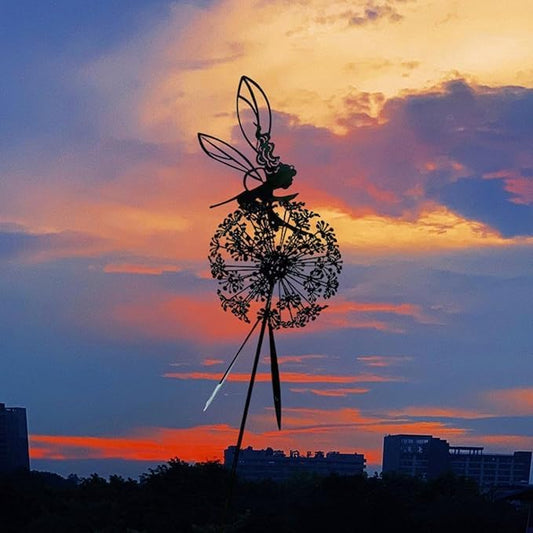 Flower Fairy Dancing with Dandelion, Fairy Garden Sculptures, Angel Metal Ornaments Gardens Art Sculpture, Stainless Steel Statue Garden Ornaments Art Decorations for Outdoor Yard Lawn Patio (E)