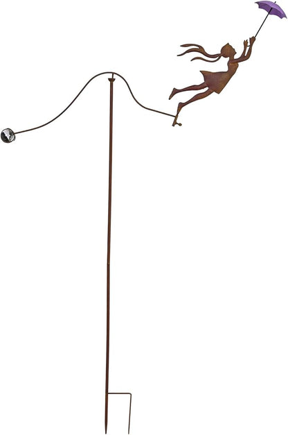Metal Balanced Garden Decorative Stakes 67.5" High, Rusty Funny Iron Balancing Yard Art, Beach Decor Balancer Stake, Girl Holds Umbrella, Present to Mother Woman as Lawn Court Patio Outside Art