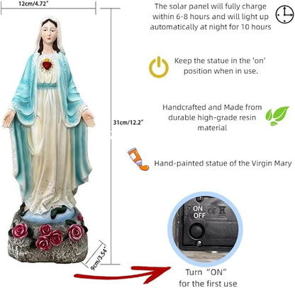 Garden Mary Statue,Solar Outdoor Virgin Mary Statues,Blessed Mother Statue with Solar Flower Ligths,Home/Garden Decor, Religious Gift to Women/Mom(11.81" H)