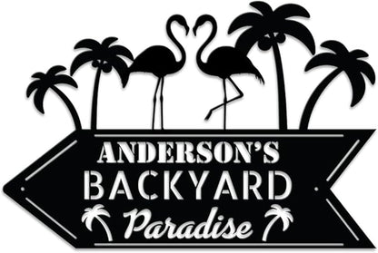MeMate Personalized Outdoor Sign - Flamingo House Metal Sign for Porch Deck Backyard Patio Pool, Housewarming Gift