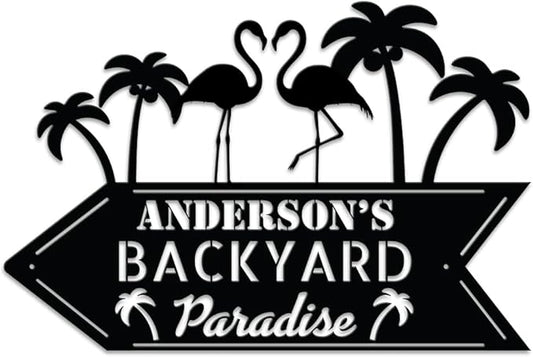 MeMate Personalized Outdoor Sign - Flamingo House Metal Sign for Porch Deck Backyard Patio Pool, Housewarming Gift