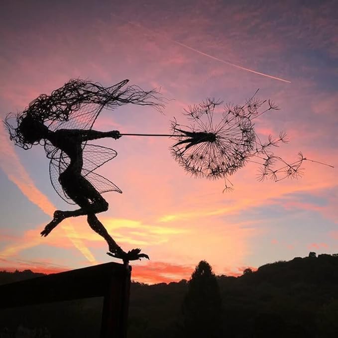 Fcteap Flower Fairy Dancing with Dandelion Garden Art Sculpture Stainless Steel Statue Christmas Halloween Decoration for Outdoor Yard Courtyard Lawn Patio Metal Ornaments (Wave)