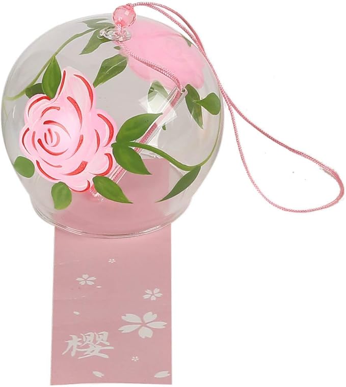 Falytemow Japanese Wind Chimes Romantic Flowers Small Wind Bells Handmade Glass Japanese Style Pendant for Birthday Present Home Decors (Pink Rose, Four Leaf Flower, Butterfly, Snowflake, 8 cm)