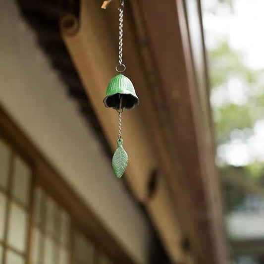 Japanese Traditional Lucky Small Wind Chimes for Outside, Green Leaf Iwachu Cast Iron Bless Temple Wind Bell Memorial and Sympathy Leaf Wind Chimes Indoor Garden Bell, Patio, Balcony