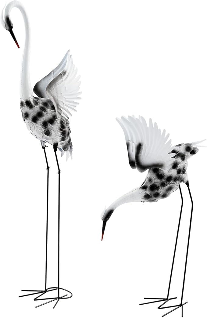 Metal Crane Garden Statues Set of 2, 53" & 35" Large Outdoor Crane Decor, Standing Bird Yard Art for Patio Lawn Backyard Pond Landscape