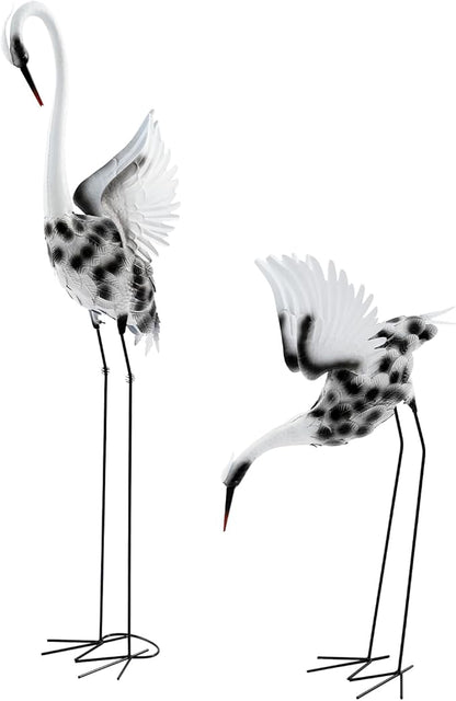 2-Piece Garden Crane Statues Set, New Chinese Style Metal Crane Decor with Dynamic Poses, 53.15in & 35.43in Tall Outdoor Lawn Ornaments for Patio Yard, Black White