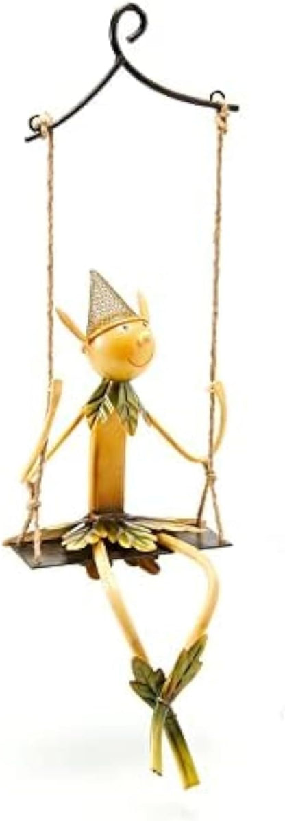 Christmas Elf on Swing Metal Sculpture – Garden & indoor Festive Elf Yard Art for Indoor & Outdoor Décor, Holiday Hanging Lawn Ornament for Mantel, Patio, Charming Christmas Elf Gift Statue Decoration