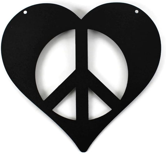 Peace and Heart Staked Signs or Wall Art Rustic or Powder Coated Finishes (Small Peace Heart Hanger 9", Matte Black)