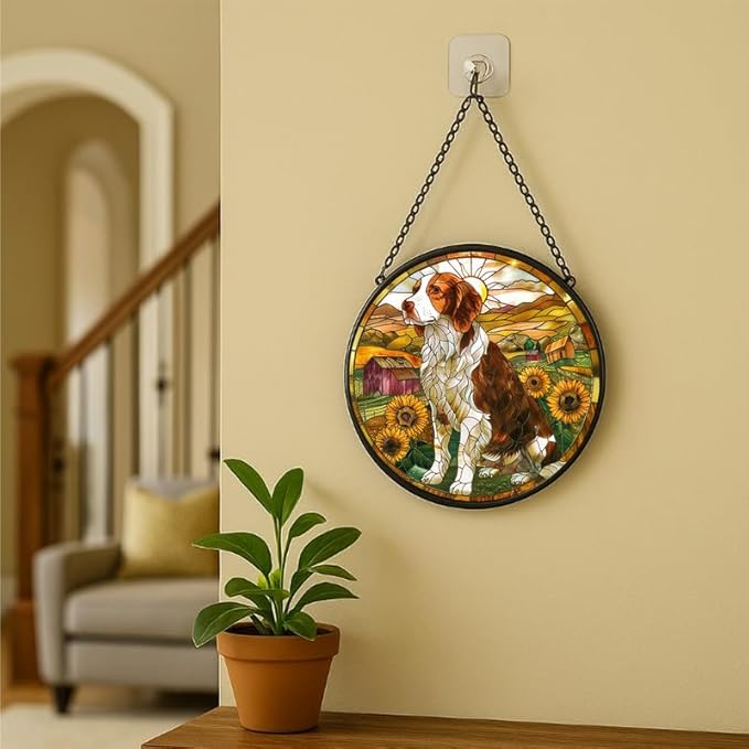 Stained Glass Window Hanging - Farm Dog & Sunflower Field 11.8in Sun Catchers Indoor Stained Glass Panels Wall Decor for Mom Wife Lovers Festive