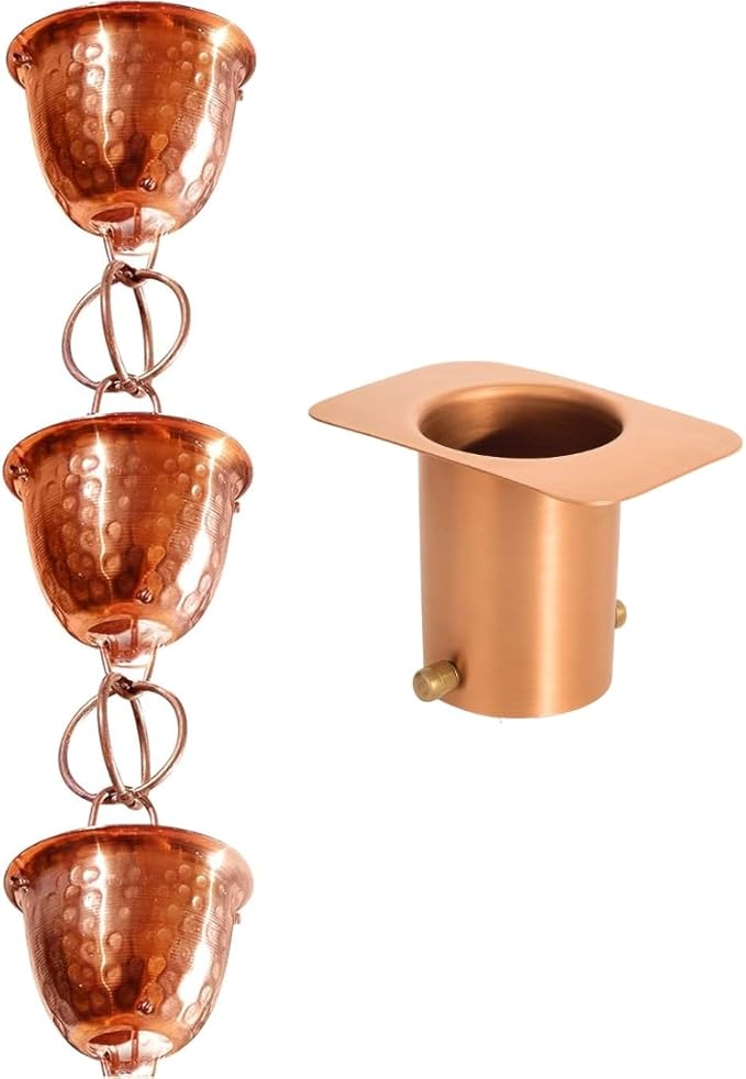 Monarch Rain Chains Pure Copper Hammered Cup Rain Chain with Gutter Adapter, 8.5 ft Decorative Downspout Replacement & Copper Rain Chain Gutter Adapter