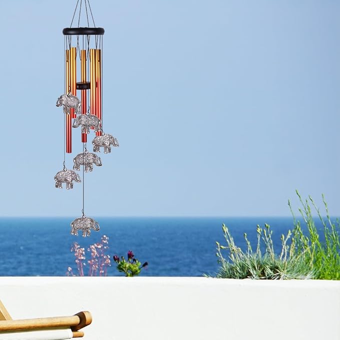 Elephant Wind Chimes Outdoor/Indoor Decor - Pure Hand-Made Mobile Romantic Wind Catcher, 28" Elephants Wind Chimes for Home, Xmas, Gift for Mom, Balcony, Patio, Garden Decoration(6 Elephants, 5 Tubes)