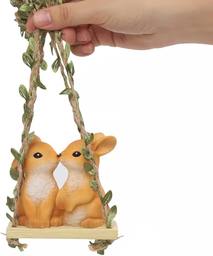 Swing Animals Garden Statue Outdoor Decor, Resin Hanging Animals Figurine Tree Ornaments Yard Art Sculpture for Stump Branch Patio Lawn Decorations (Couple Rabbits)