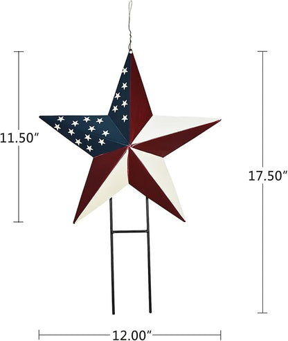 Metal American Star Yard Sign Outdoor Garden Stake Decor Patriotic Star Barn Ornaments US Flag Barn Star Decorative Yard Signs Stakes Lawn Art Sign for 4th of July Memorial Veterans Day