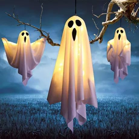 [Timer] 2 Pack Halloween Light Up Ghost Decorations, Battery Operated Flying Hanging Ghosts Glowing Led Lights Remote Control 8 Lighting Modes Floating Swinging Yard Garden Porch Outdoor Indoor Decor
