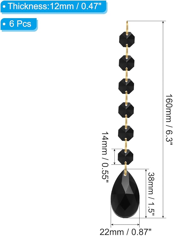 PATIKIL Teardrop Crystal Chandelier Pendants Beads, 6 Pack 160mm Length 38mm Chandelier Prisms Parts Ornaments Hanging Beads for DIY Arts Crafts Decoration, Black