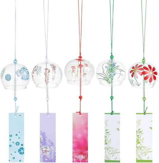 OLYCRAFT 5pcs 5 Styles Japanese Wind Chimes Flower Theme Handcrafted Glass Wind Bells Glass Wind Bells Creative Hanging Pendants for Home Garden Wedding Indoor Outdoor Decoration