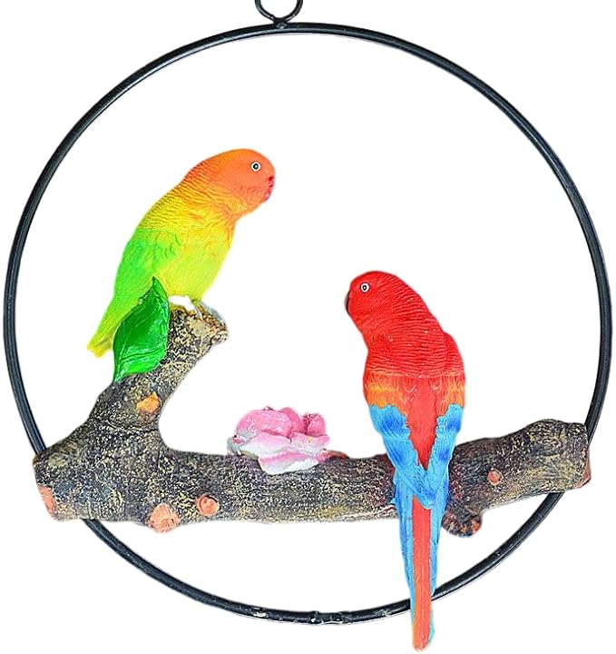 Mini Garden Statues Hanging Iron Ring Parrots, Resin Parrot Hanging Statue, Hanging Birds Figurine for Pathways Yard Patio Office Home Indoor Outdoor Tree Decorations (D-1)