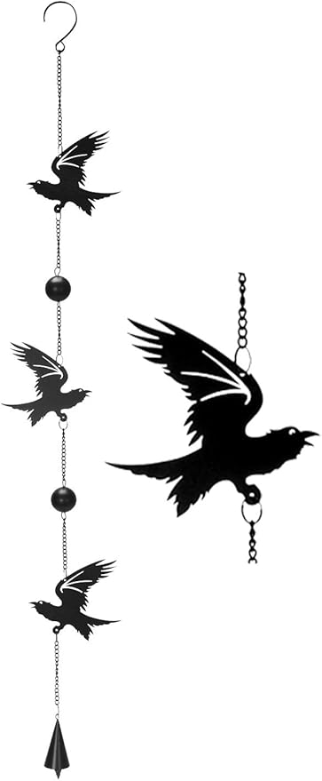 Ebros Harbinger of Doom Raven Crow Black Coated Steel Metal Wall Hanging Wind Chime with Beads Home and Patio Decor Bad Omen Macabre Edgar Poe Ravens Mobile Noisemaker