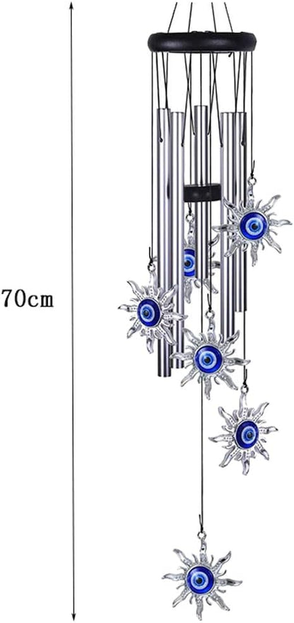 Blue Evil Eye Heart Wind Chimes, Metal Tubes Hanging Ornaments, Car Outdoor Garden Decor (Sun)