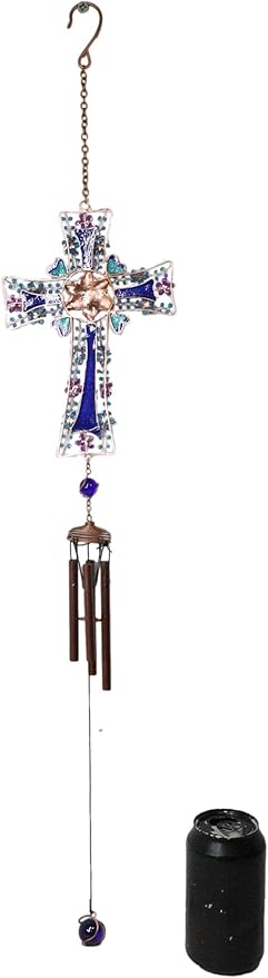 Ebros Gift Blue Floral Aquamarine Cross with Gemstones and Crystals Metal Scroll Filigree Resonant Relaxing Wind Chime 31" Long Aluminum Rods Hanging Mobile Home Patio Garden Decor