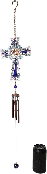 Ebros Gift Blue Floral Aquamarine Cross with Gemstones and Crystals Metal Scroll Filigree Resonant Relaxing Wind Chime 31" Long Aluminum Rods Hanging Mobile Home Patio Garden Decor