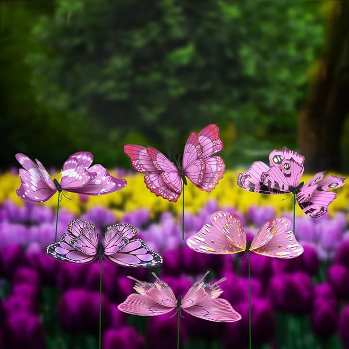 Giant Butterfly Garden Stakes Decorations Outdoor 3D Pink Butterflies Lawn Decorative Yard Decor Patio Accessories Ornaments PVC Gardening Art Christmas Whimsical Gifts (Pack of 24)