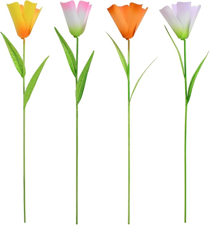 Linfevisi Outdoor Garden Decoration Flower Tulip Garden Stakes Metal Yard Art Signs Spring Decor Floral Lawn Ornaments Outside Plant Picks for Patio Porch Pathway 16.25 Inch Tall(Set of 4) (A)