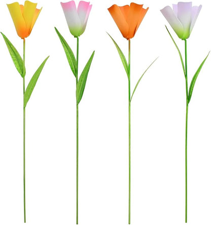 Linfevisi Outdoor Garden Decoration Flower Tulip Garden Stakes Metal Yard Art Signs Spring Decor Floral Lawn Ornaments Outside Plant Picks for Patio Porch Pathway 16.25 Inch Tall(Set of 4) (A)