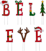 Glitzhome 7 Sets Believe Christmas Yard Stakes, 23" H Metal Garden Ornaments Wall Decor for Christmas Decorations