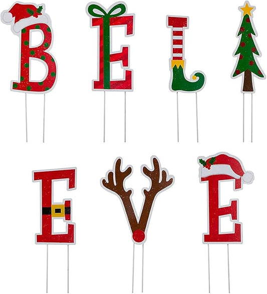 Glitzhome 7 Sets Believe Christmas Yard Stakes, 23" H Metal Garden Ornaments Wall Decor for Christmas Decorations