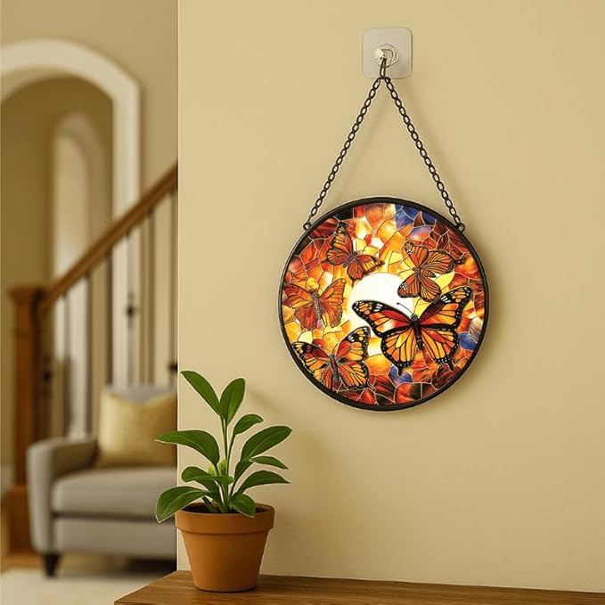 Stained Glass Window Hanging - Dragonfly in Garden 7.8in Sun Catchers Indoor Stained Glass Panels Wall Decor for Mom, Wife, Lovers, Festive