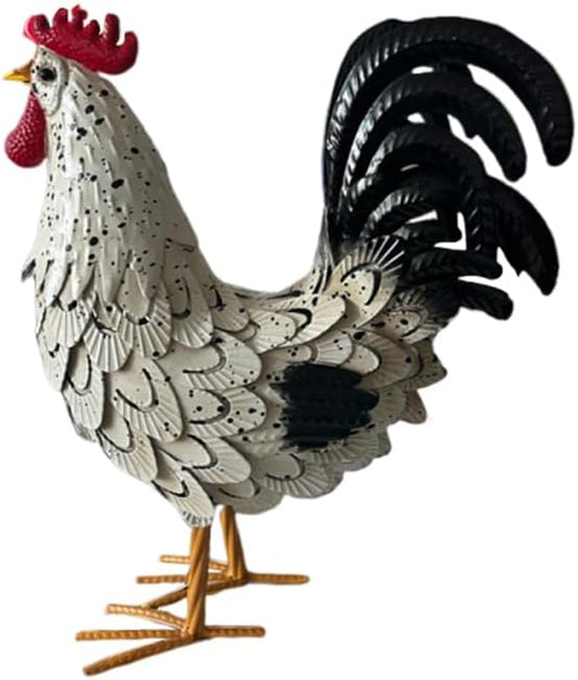 Metal Rooster Yard Decor,16 in Outdoor Chicken Statue Decoration for Patio Lawn Garden,3D Rooster Garden Statues,Chicken Yard Art Sculpture Outdoor Figurines,Metal Chicken Decor,1 Pcs (White)