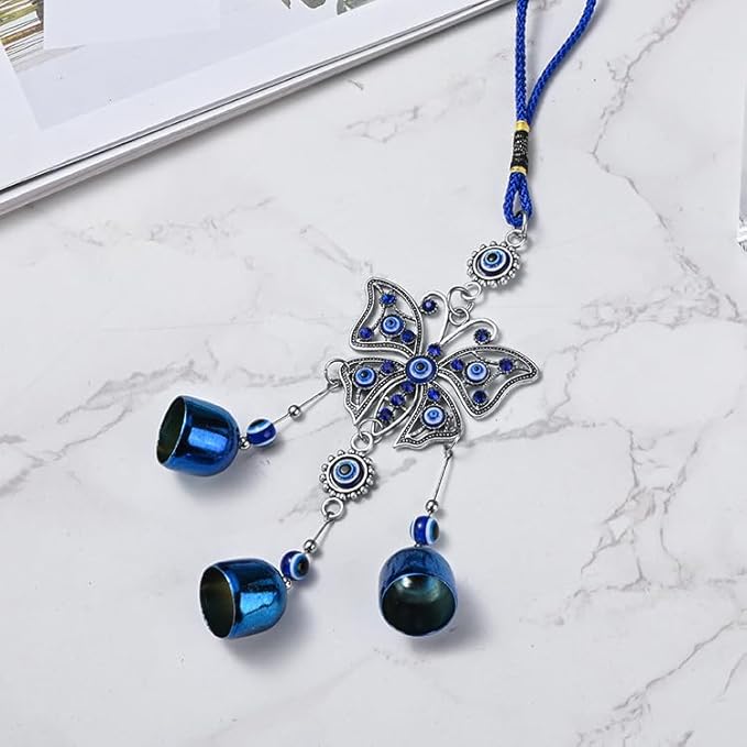 Creative Handmade Alloy Wind Chime Evil Eye Butterfly Sunflower Talisman Pendant Handmade Good Luck Charm, Car Kitchen Home Garden Patio Office (1pc Butterfly Blue Eye)