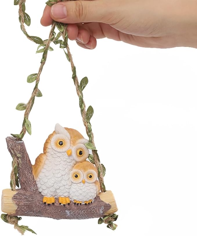 Swing Animals Garden Statue Outdoor Decor, Resin Hanging Animals Figurine Tree Ornaments Yard Art Sculpture for Stump Branch Patio Lawn Decorations (Mom & Baby Owl)