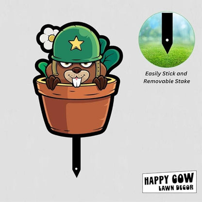 Garden Outdoor Small Metal Art 7"x 6" Weather Resistant Lawn Ornaments Sturdy Stakes Yard Sign Decoration for Patio (Beaver with Army Helmet)