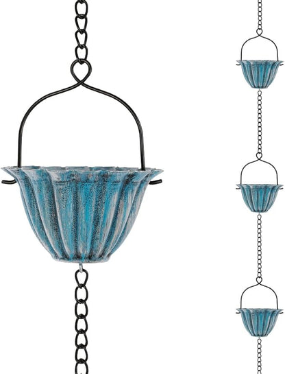 dreamysoul 7.05 FT Blue Rain Chain, 8 Cups Rain Chains for Outside, Replacement Downspout for Gutters, Eaves Drainage