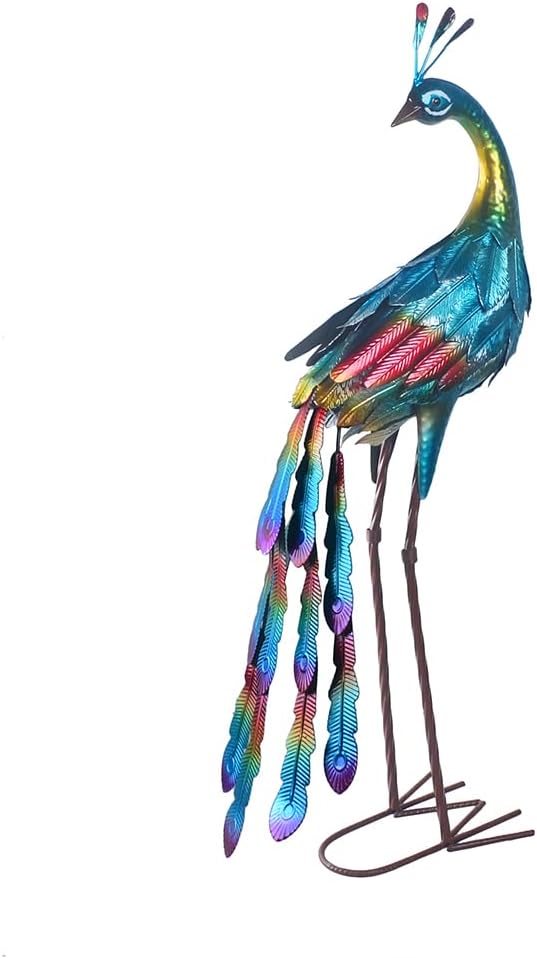 Metal Colorful Peacock Statues Set of 2 Garden Sculptures for Outdoor Indoor Yard Art