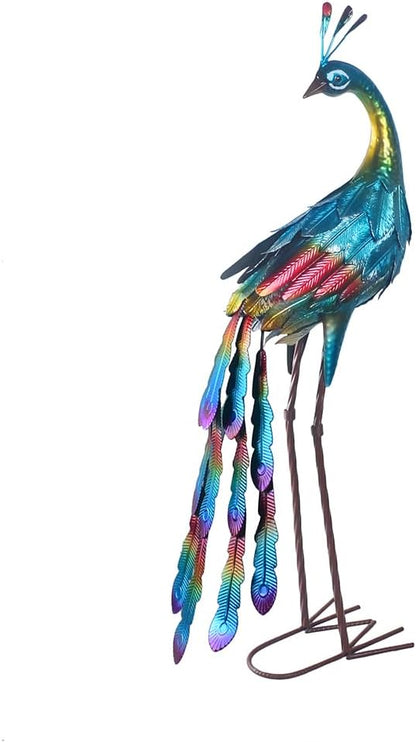 Metal Colorful Peacock Statues Set of 2 Garden Sculptures for Outdoor Indoor Yard Art