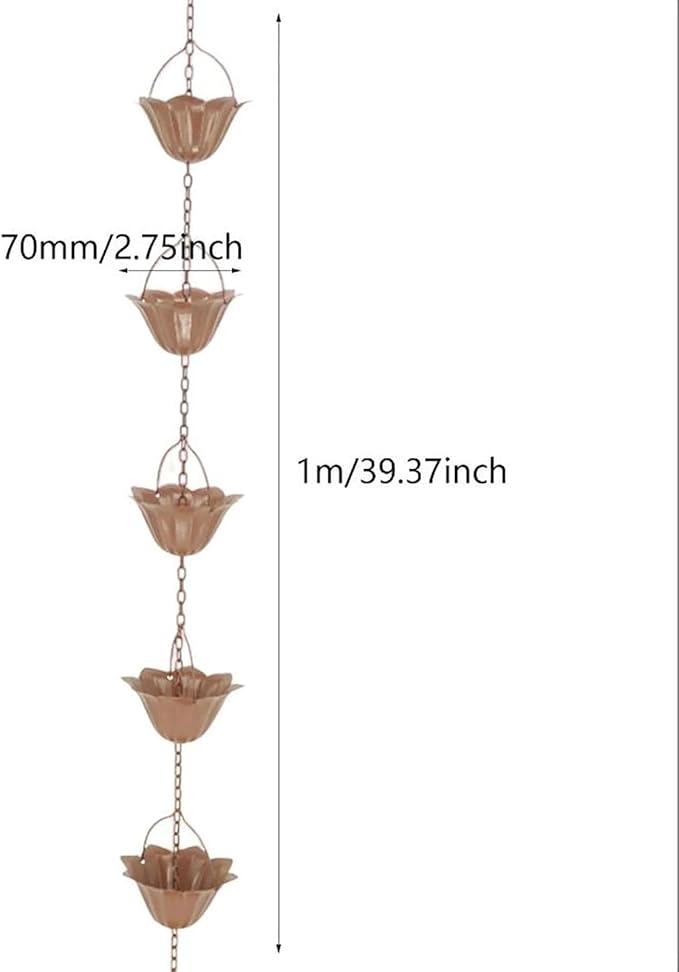 Copper Plated Rain Chain for Outside Downspouts,Adjustable Rain Catcher Chain for Eaves Drainage,Decorative Metal Hanging Flower Spiral Rain Bells(A)