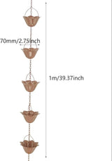 Copper Plated Rain Chain for Outside Downspouts,Adjustable Rain Catcher Chain for Eaves Drainage,Decorative Metal Hanging Flower Spiral Rain Bells(A)