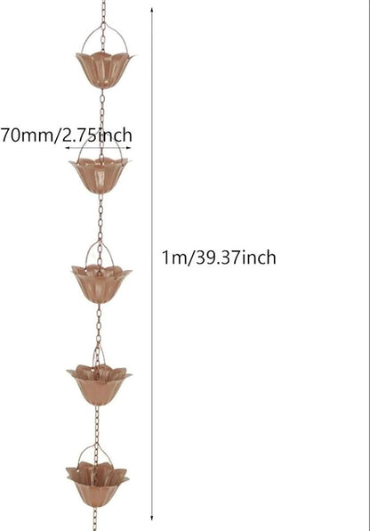 Copper Plated Rain Chain for Outside Downspouts,Adjustable Rain Catcher Chain for Eaves Drainage,Decorative Metal Hanging Flower Spiral Rain Bells(A)