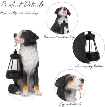 Solar Garden Dog Statue with Lanterns Outdoor Bernese Mountain Dog Garden Decor Figurine Lights for Patio Balcony Shelf Tabletop Lawn, Unique Housewarming Birthday Thanksgiving Gifts for Women Mom