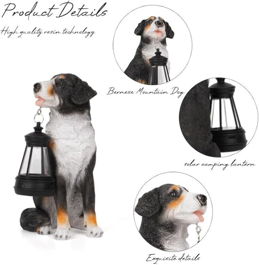 Solar Garden Dog Statue with Lanterns Outdoor Bernese Mountain Dog Garden Decor Figurine Lights for Patio Balcony Shelf Tabletop Lawn, Unique Housewarming Birthday Thanksgiving Gifts for Women Mom