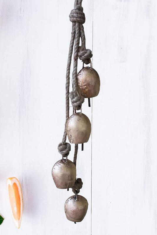 Mango Gifts Shabby Chic Rustic Vintage Cow Bells Hanging Chimes with Rope Tranquil, Bohemian Style Wind Chimes for Garden Outdoor and Patio (MGT24)