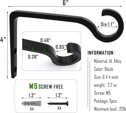 QIEGL Hanging Plant Bracket 6inch Metal Plant Hook Shepherds Hook Decorative Wall Plant Hanger for Hanging Lanterns, Bird Feeder, Flower Basket, Home Decor Indoor & Outdoor 2 Pack (Black)