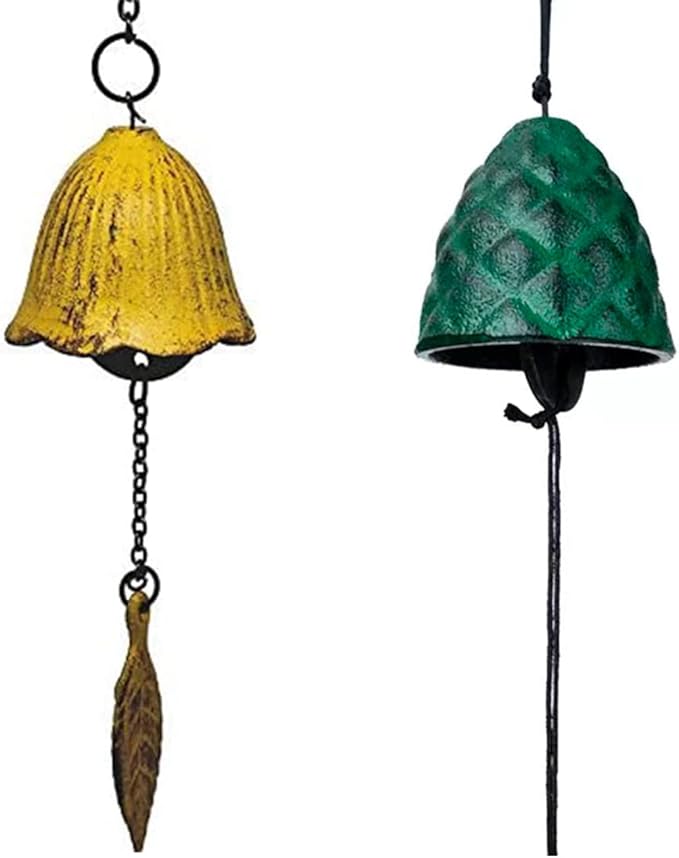 Set of 2, Japanese Traditional Lucky Small Wind Chimes for Outside, Iwachu Cast Iron Bless Temple Wind Bell Memorial Wind Chimes Indoor Garden Bell, Patio, Balcony ((Yellow Leaf and Pinecone)